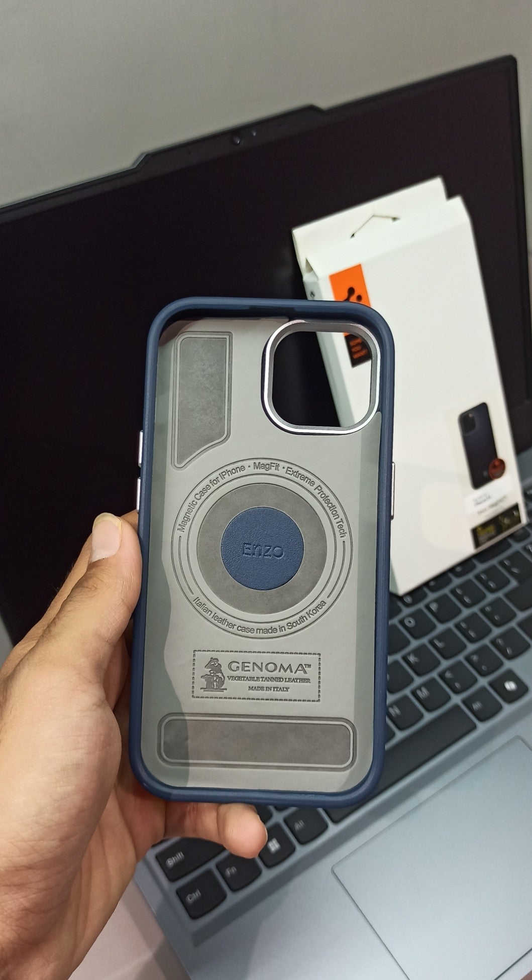 Spigen Luxury Navy Blue Leather Finish iPhone 14 Case with Metal Accents