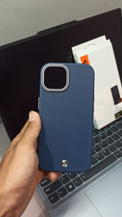 Spigen Luxury Navy Blue Leather Finish iPhone 14 Case with Metal Accents
