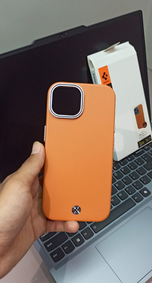Spigen Premium Orange Leather Finish iPhone 14 Case with Metal Detailing